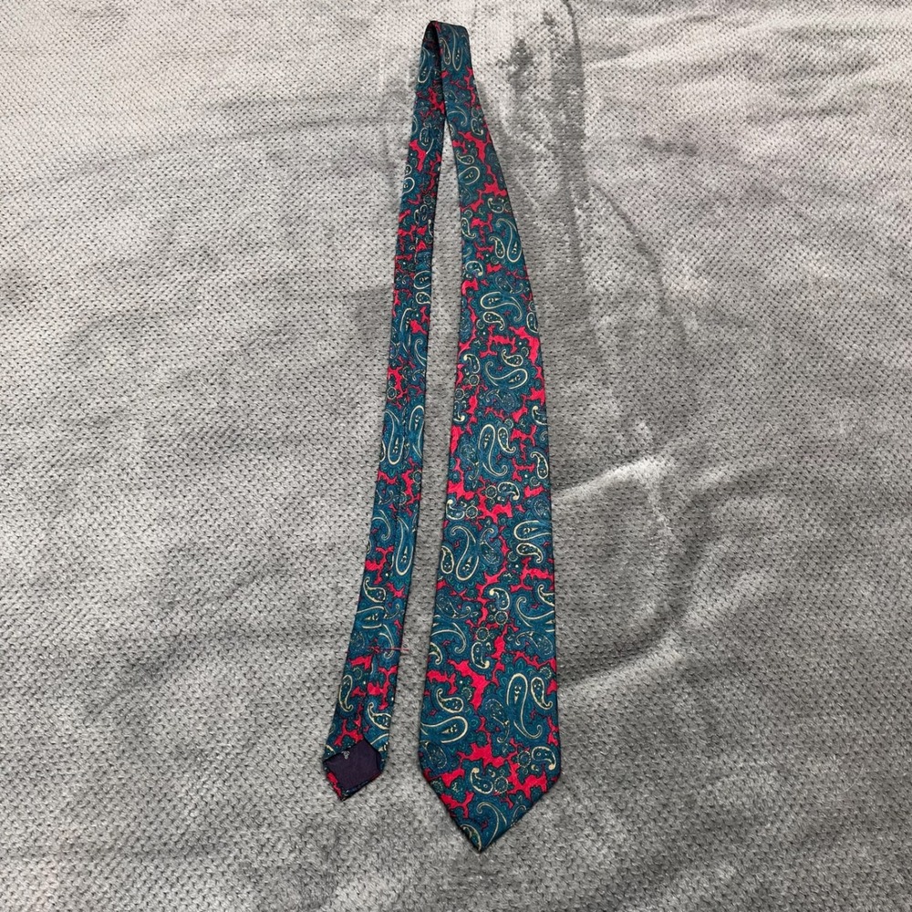 Dillards by Stonehenge Mens Silk Tie Red Teal Gold Paisley Hand Sewn Necktie - Picture 2 of 6